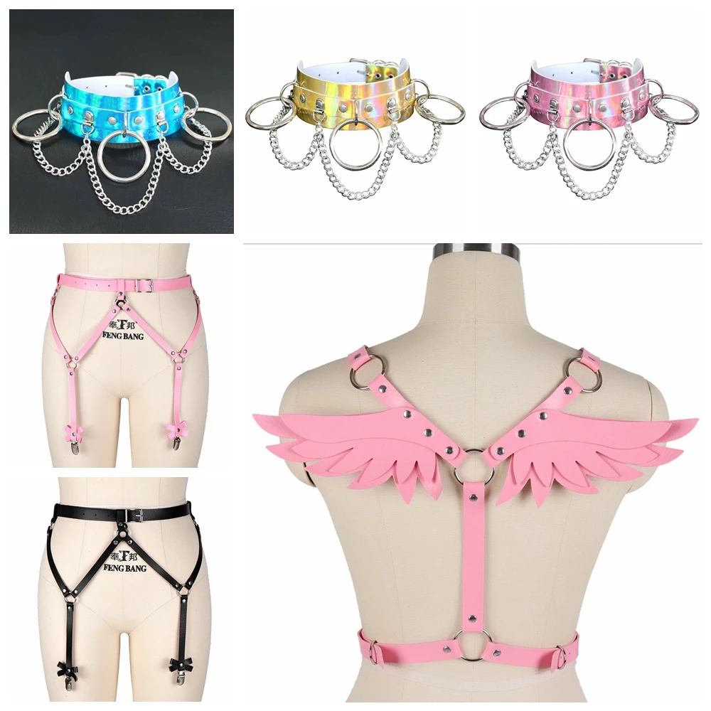 

Lingerie Leather Pink Straps Back Wing Crop Tops Goth Punk Metal Rivet Party Dance Festival Rave Adjust Bra Harness Women