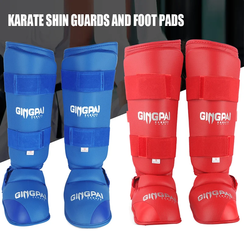 GINGPAI Professional Karate Shin Guards with Finger Red Blue Muay Thai Leg Guard Foot Pads Ankle Support MMA Taekwondo Protects