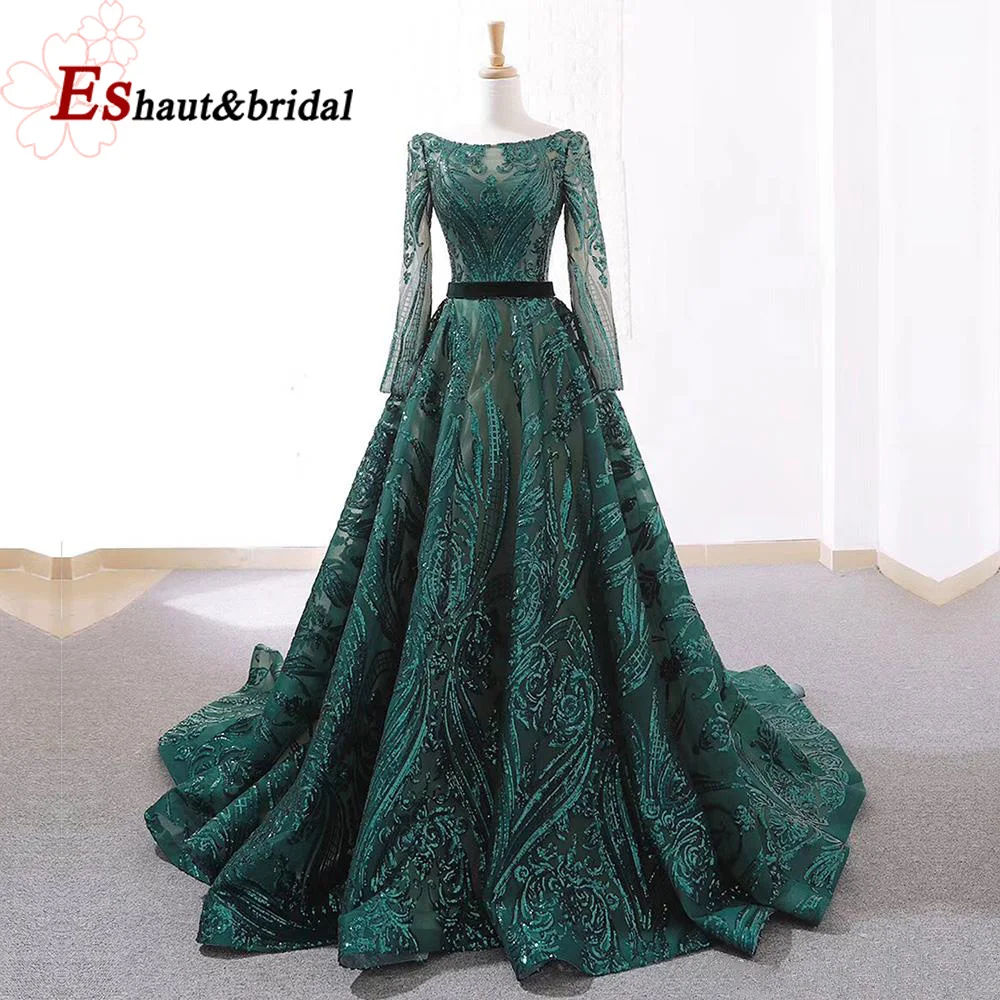 Dubai A-Line Luxury Wedding Evening Night Dress for Women Muslim 2024 Long Sleeves Sequin Plus Size Formal Prom Party Gown