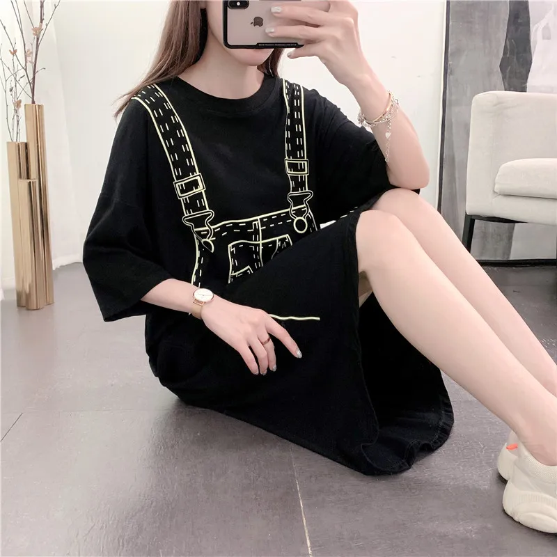 Abito donna estate mezza manica stampato polpaccio stile Preppy Harajuku sciolto h-line falso-due pezzi stile coreano semplice Casual