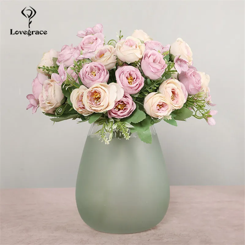 Loveglace – Mini Bouquet de roses artificielles en soie, 5 fourchettes, fausses roses, pour un mariage, pour une fille, pour un décor de maison