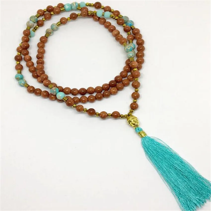 6mm Aventurine Gemstone 108 Beads Tassels Mala Necklace Healing Buddhist Unisex cuff energy Handmade Bless spirituality Yoga