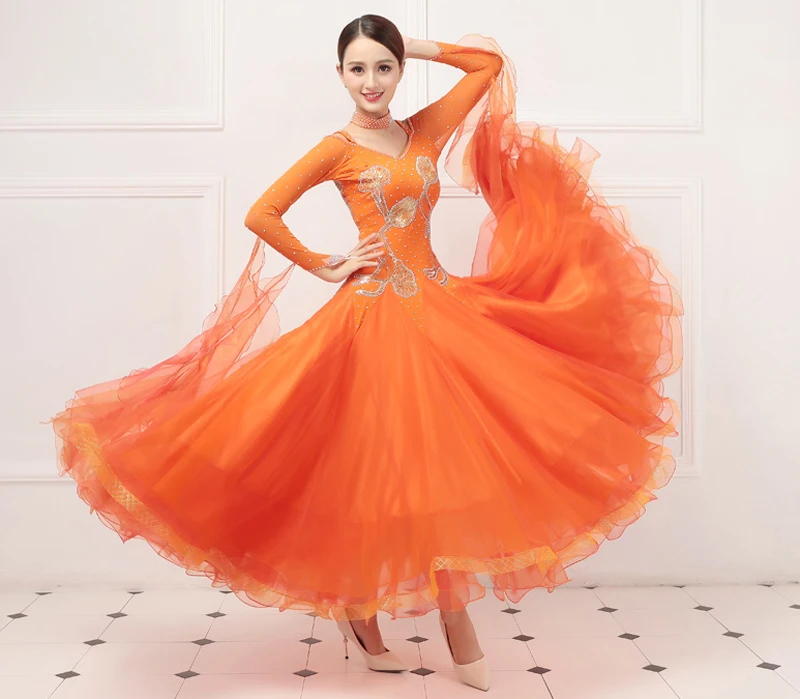 Vrouwen Ballroom Dans Jurken Nieuwste Prachtige Oranje Wals Tango Danskleding Volwassen Standaard Ballroom Dans Jurk