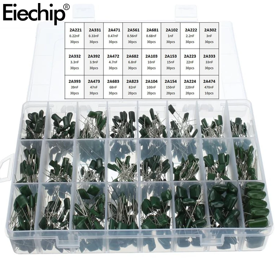 660pcs/lot 24Value Capacitor kit 100V 2A221J to 2A474J Polyester Film Capacitor Assorted Kit 0.47nF 0.68nF 1nF 2.2nF Capacitors