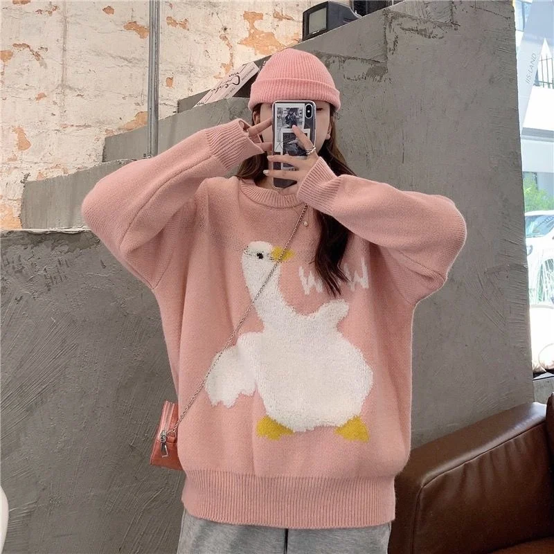 Casual O Neck Knitted Sweater Female Korean Version Cartoon Duck Letter Sweater Autumn Winter Long Sleeve Pullover Jumper Women