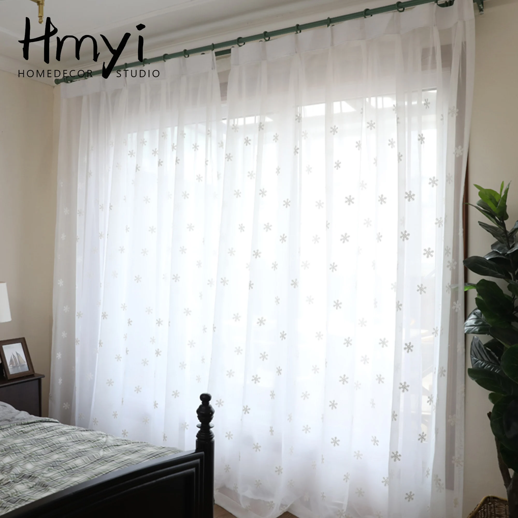 White Snowflake Sheer Curtains Embroidery Curtains for Living Room Bedroom Tulle Curtains for Children Christmas Voile Drapes