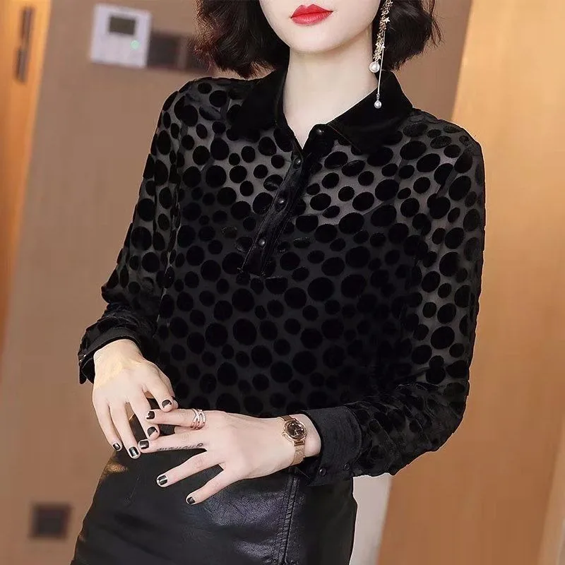 Autumn and Winter New Black Polka Dot Shirt Blouse Women Turn Down Collar Long Sleeve Solid Bottoming Shirt