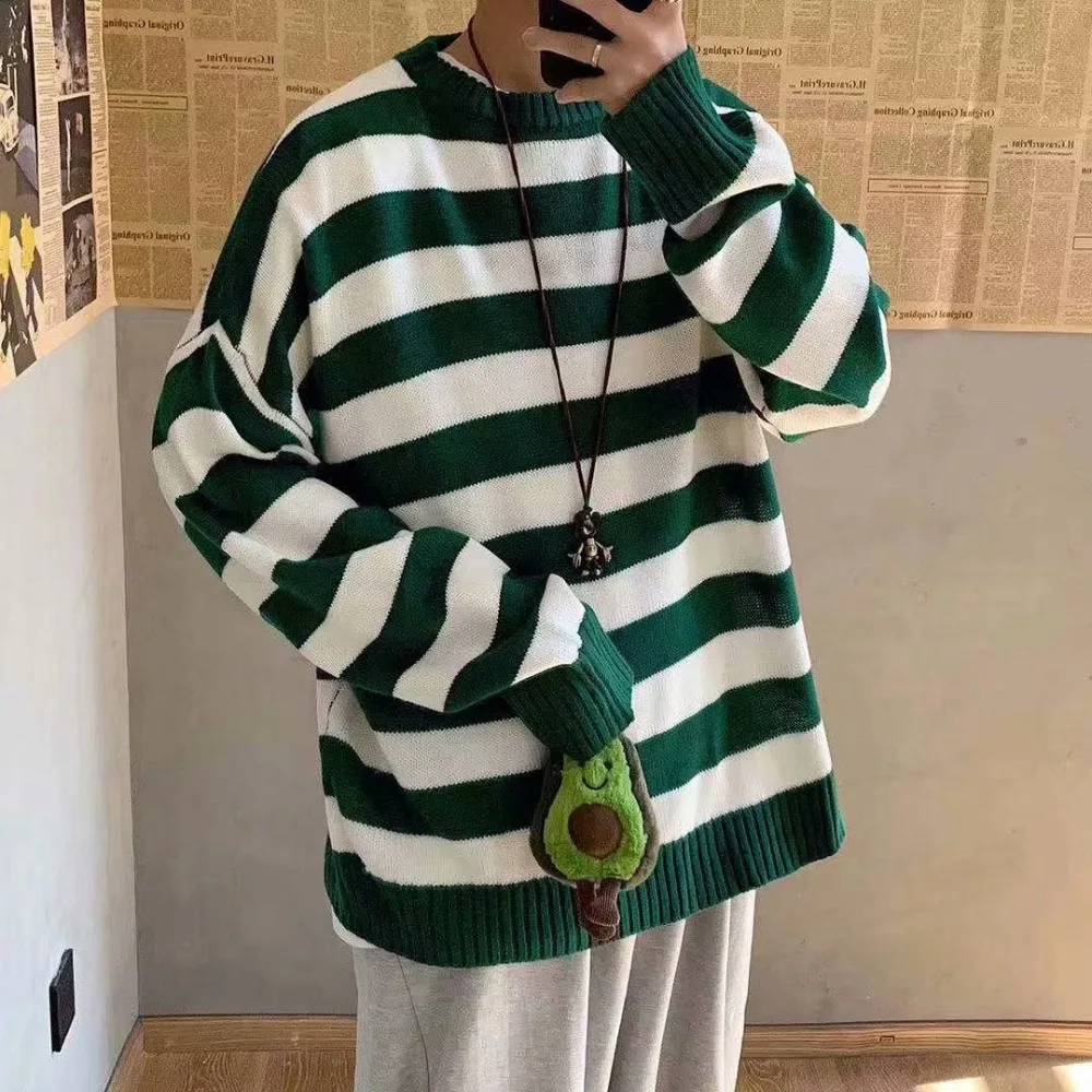 2023 Fashion Men Striped Casual Knitted Sweater Men\'s Korean Collage Autumn Pullover Tops Male O-Neck Oversize Sweater