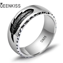 QEENKISS RG6688 Fine Jewelry Wholesale Fashion male Man Birthday Wedding Gift Retro Round Feather 925 Sterling Silver Open Ring