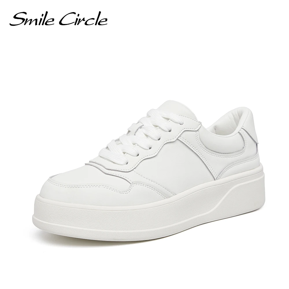 

Smile Circle White Sneakers Women Flat Platform Shoes Genuine Leather Lace-up Round toe Chunky Sneakers Ladies Trainers in White