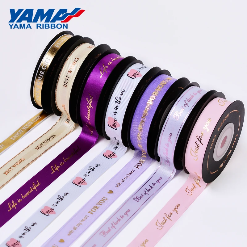 YAMA-Gold Foil Printed Ribbon, Grosgrain Satin Ribbons, DIY Flower Decoration, Gift Ribbon, 9 16mm, 10Yards/Roll