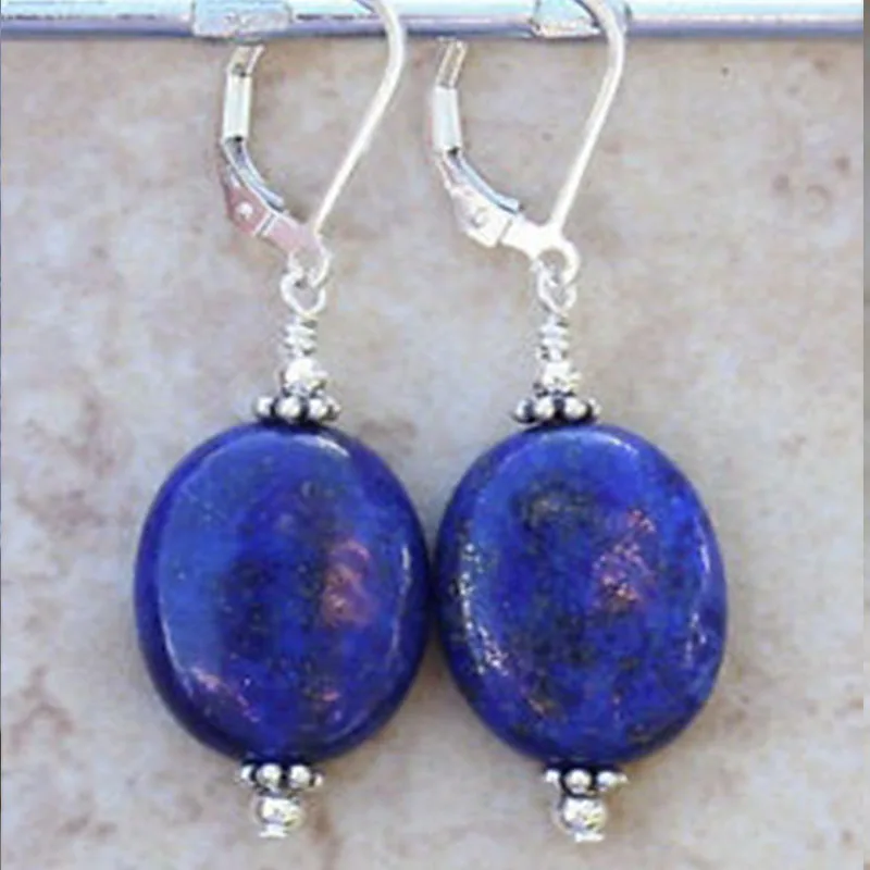 Handmade  Natural Blue Lapis Lazuli Gemstone Leverback Dangle Earring