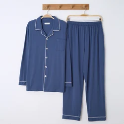 Conjunto de pijama de Modal para hombre, ropa de dormir de manga larga, color azul liso, suave, para Otoño e Invierno