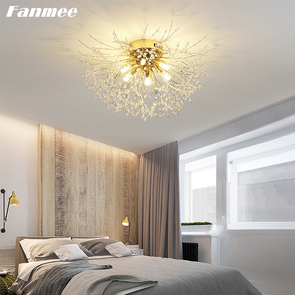 Modern Sputnik Ceiling Chandelier Indoor Lighting Clear Crystal Firework Flush Mount Lamp Home Decor Light Fixture for Bedroom