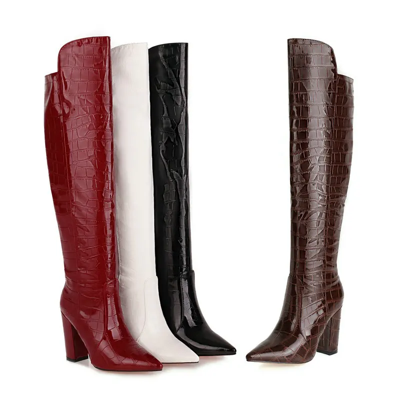 Plus Size 34-45 Patent PU Leather Women Over the Knee Boots Pointed Toe Ladies Square High Heel Boots Black Brown Wine Red White