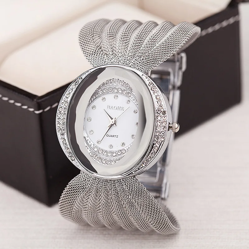 Mesh Band Women Watch Fashion Oval Gold Bracelet Alloy Quartz Watch Dress Rhinestone Women\'s Wristwatches Ladies Bracelet Clock