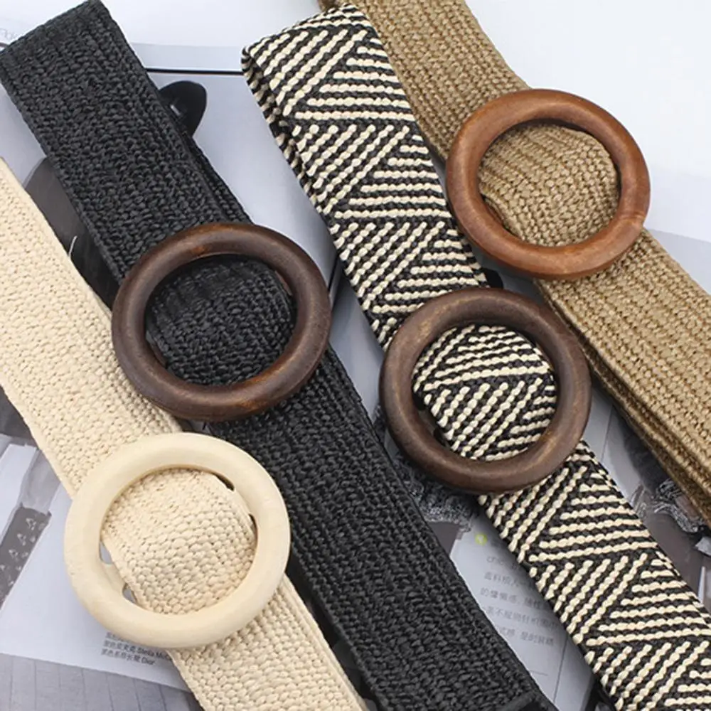 Vintage Boho Braided Waist Belt Round Wooden Buckle Belts for Women Smooth Round Buckle Wide Belt Woven Straw Female Belt