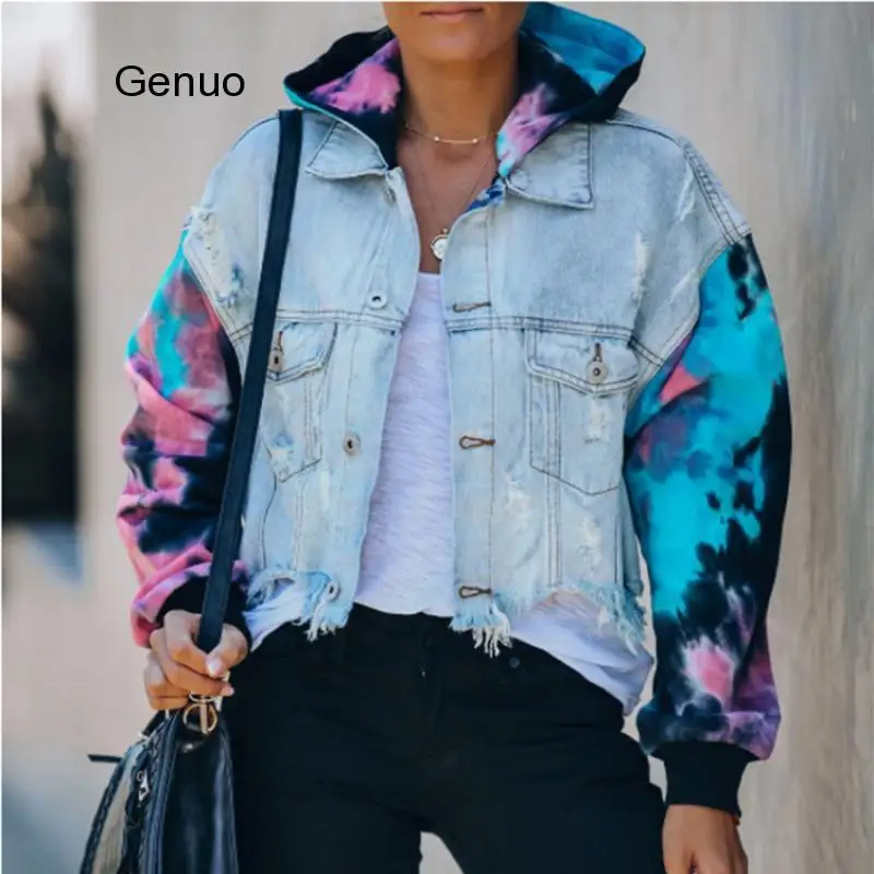 

Jean Jacket For Women Loose Casual Blue Women Hoodies Coats Tie Dye Sleeve Patchwork Hoodied Denim Coats Female Outwear