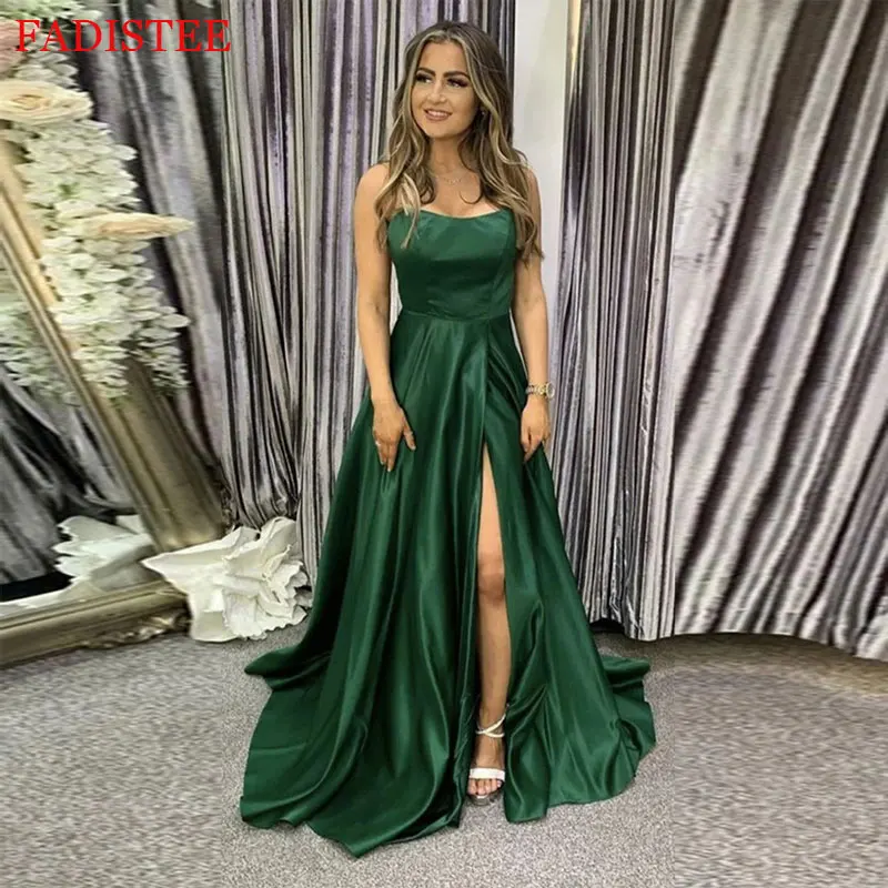 Green A line Prom Dresses High Side Slit Spaghetti Strap Sexy Satin Formal Evening Dress Back Bandage Prom Gown Robe De Soiree