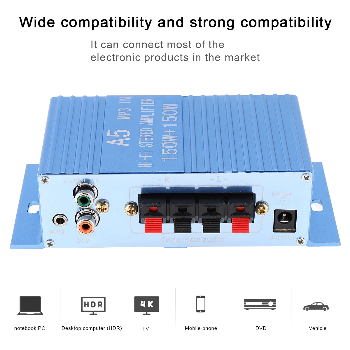 Amplificateur stéréo Hi-Fi à deux canaux A15, 12v dc, 2.0 W + 150W, avec Interface 150 aux, pour voiture/PC/CD/haut-parleurs/caisson de basses