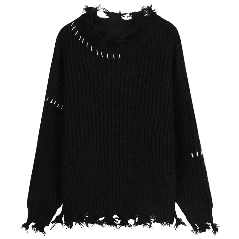 Pull Femme Lazy Loose Irregular Tassels Black Ripped Sweater Women Jumpers Vintage Casual O Neck Long Sleeve Hole Knit Top