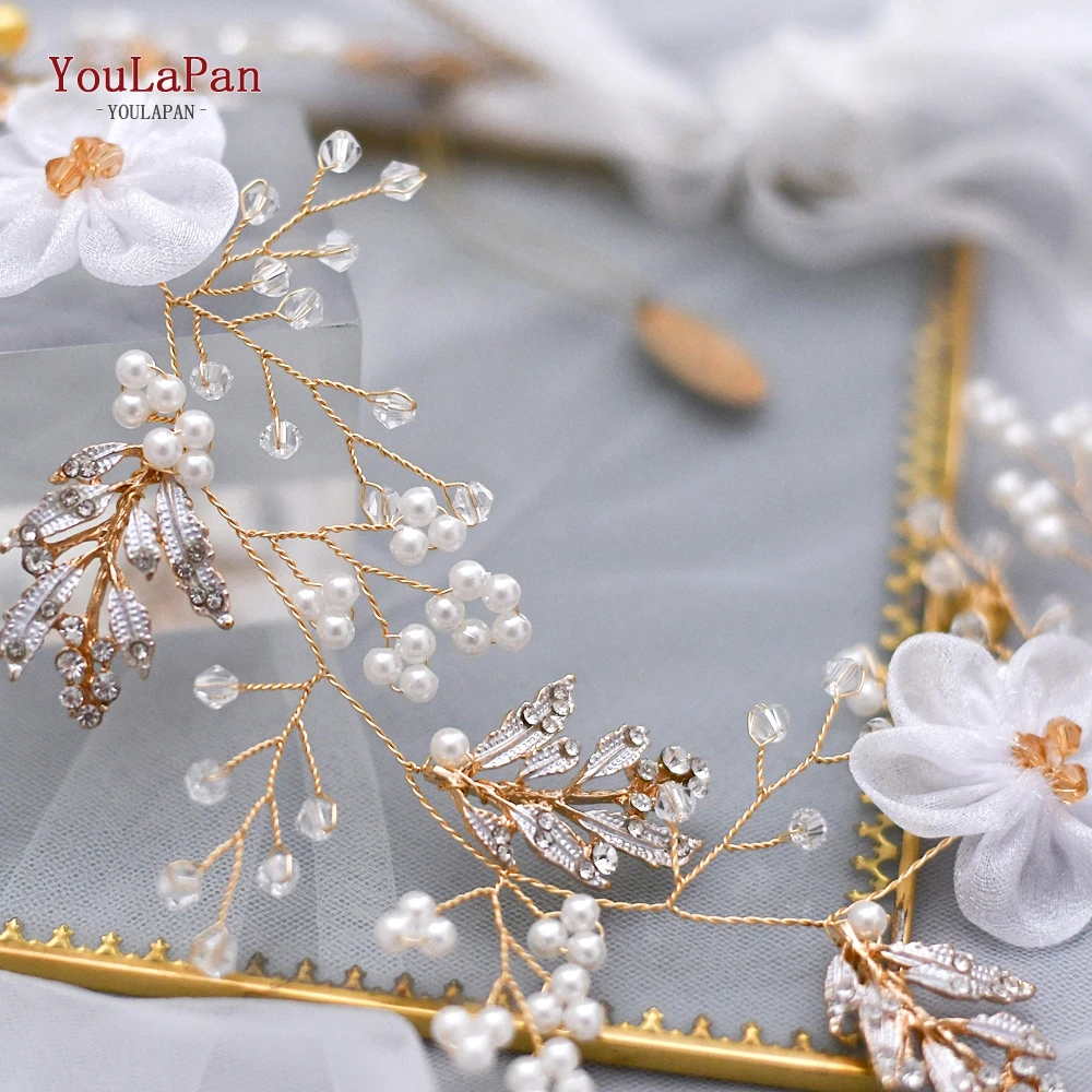 YouLaPan Wedding Flower Belt Golden Leaves Bridal Belt Crystal Pearl Wedding Sash Belt for the Bride Pearl Leaf Flower Sash SH72