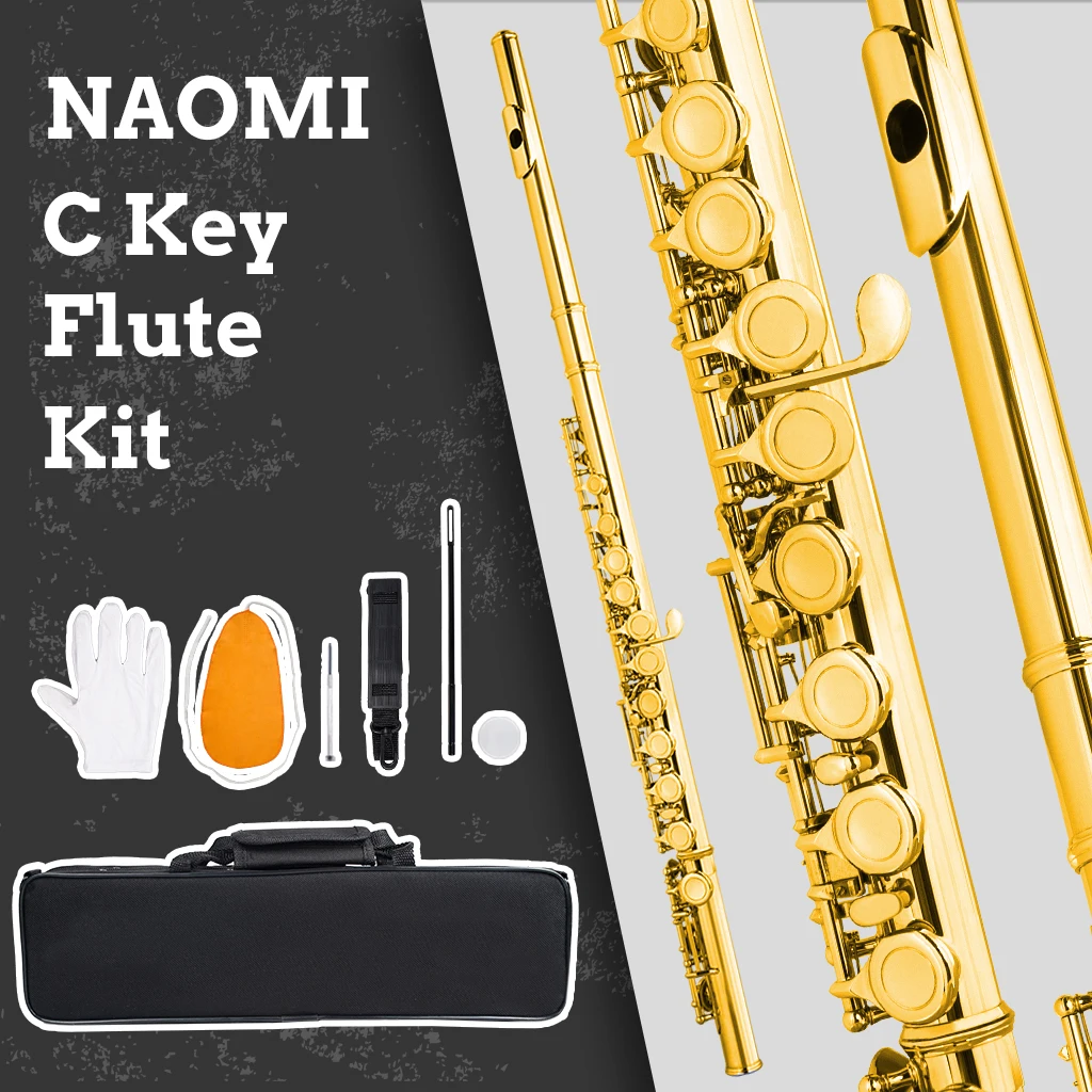 

NAOMI Premium Grade 16 Holes Flute Closed Hole C Tone Golden Flute Silver Key Cupronickel Woodwind Instruments For Beginners