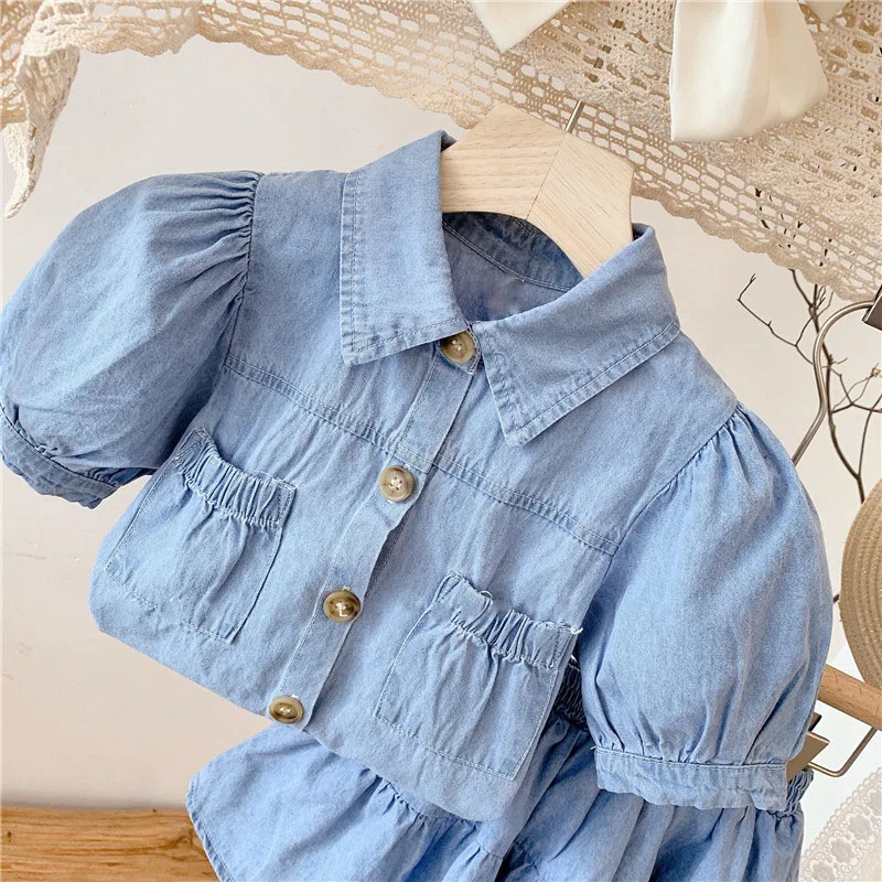 Summer Girls\' Clothing Sets fashion Lapel Pocket Denim Puff Sleeve Top + Skirt 2Pcs Baby Kids Clothes Suit Children Clothing