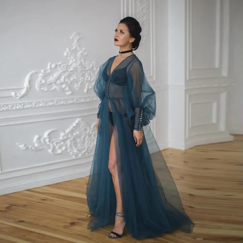

2022 Gothic Style Bridal Tullw Robes Sexy Sheer See Through Tulle Maternity Gowns For Photo Shoort Maternity Dress With Bottons