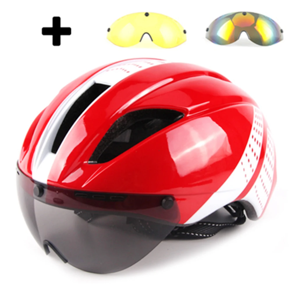 Lens Magnetic Goggles Helmet Road Racing Bike Helmet With Removable Lenses Sun Outdoor Cycling Helmet Time Trial Safety Cap M/L