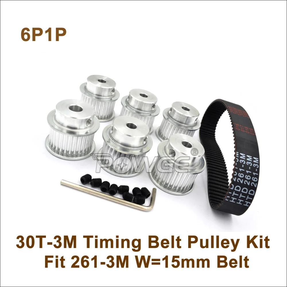 

POWGE 6pcs 30 Teeth 3M Timing Pulley Bore 6.35/8mm + 1pcs 261 3M Synchronous Belt 30T 30Teeth HTD3M Pulley CNC Machine 261-3M