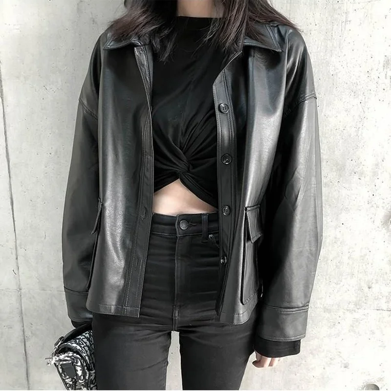 Basic Jackets Women Korean Style Chic Big Pocket Pu Leather Autumn New Arrival Biker Loose Bf Student Crop Outwear Fashion Cool