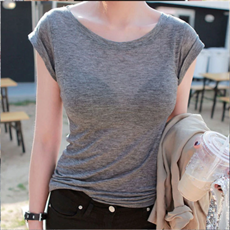 

Slim High Quality Plain T Shirt Women Cotton High Elastic Basic 2025 Summer Tops Short Sleeve Sexy Thin T-shirt See Through