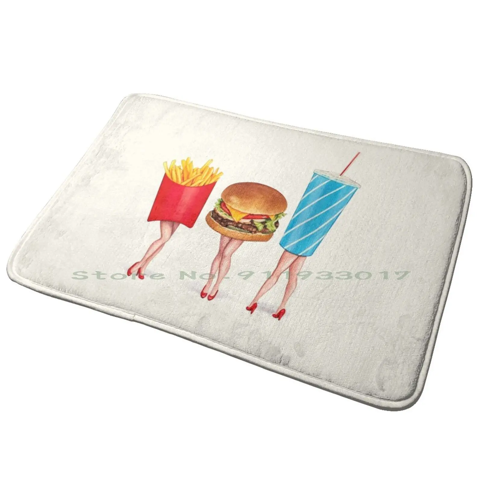 Combo Meal Pin-Ups Entrance Door Mat Bath Mat Rug Food Up Vintage Retro Cheeseburger Soda Pop Fries Anti-Slip Bedroom Kitchen