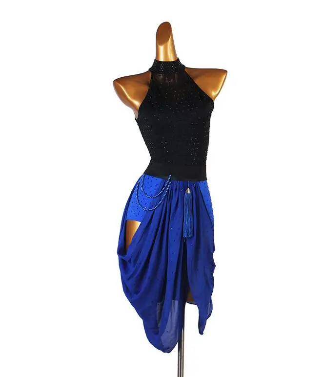 Vestido de baile latino para mujer, azul y negro vestido de baile, vestido de Tango Flamenco, Rumba, ChaCha, vestido de competición Latino azul lq219