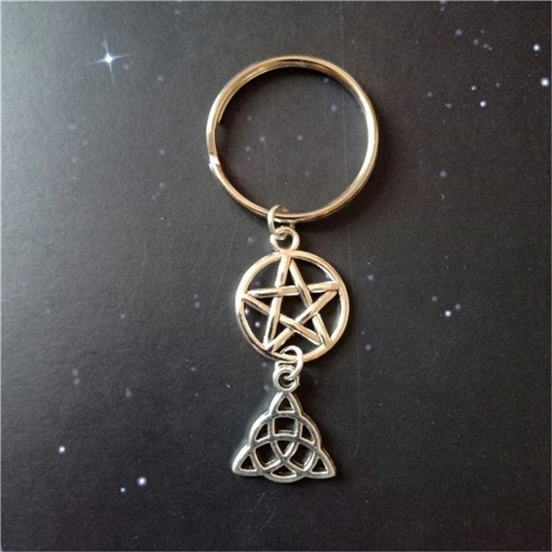 Pentagram Keychain, Antique Silver Color Pentagram Key Chain, Women Key Chain, Tiny Triquetra Key Chain, Witchy Jewelry