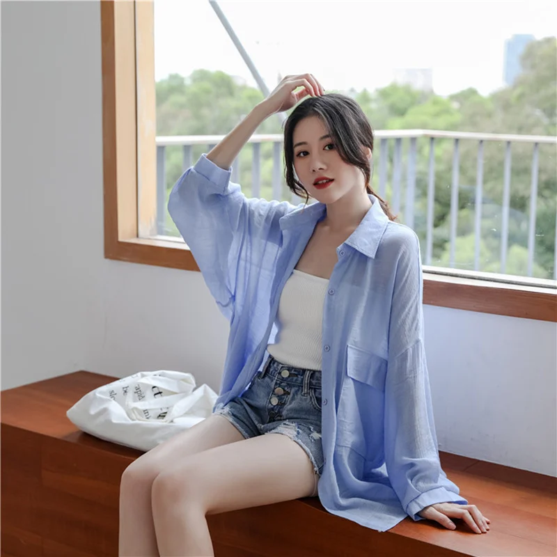 

Lantern Sleeve Cotton Linen Shirts Blusa Women 2021 Summer Transparent Buttoned Shirt Long Top Waist Elegant Women Blouses Loose