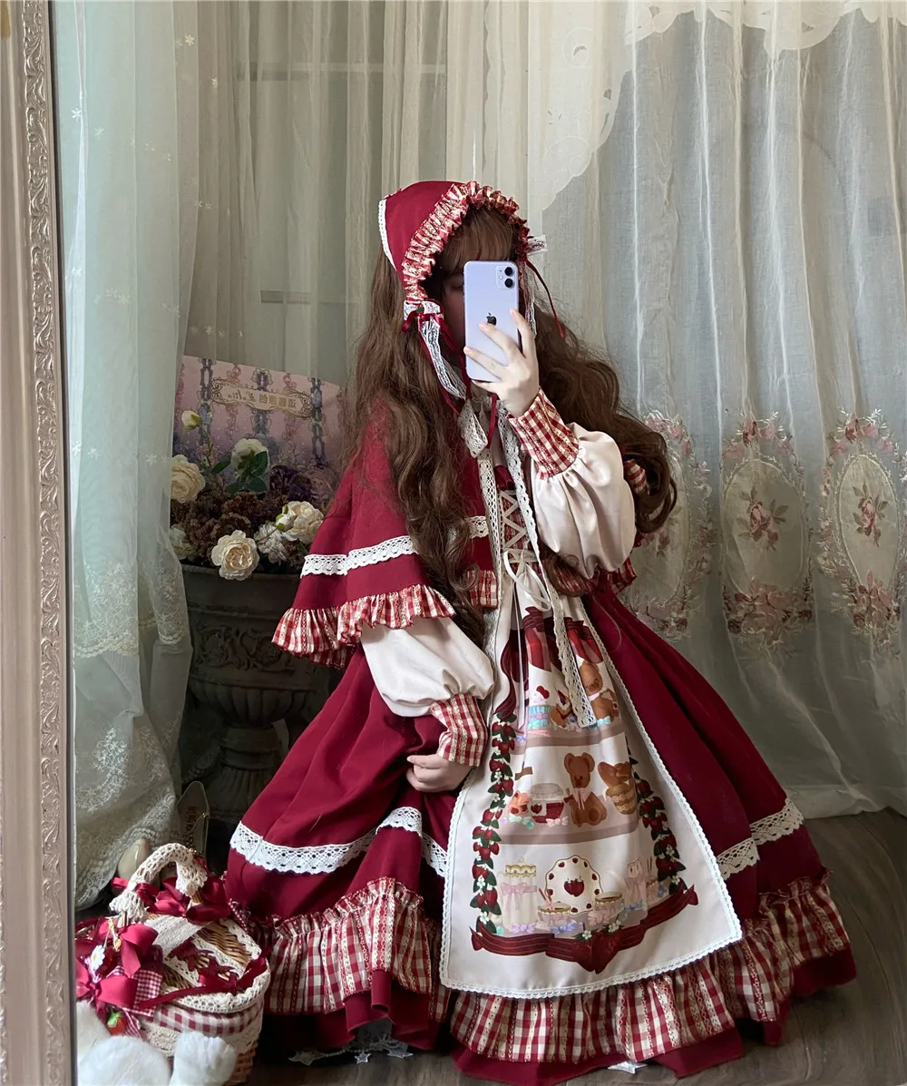 Prinzessin tee party süße lolita kleid vintage spitze bowknot hohe taille rot kleid mori mädchen gothic lolita op loli cosplay cos