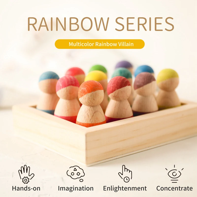 Montessori Toys 12 Colors/Set Wooden Rainbow Building Block Villain Doll DIY Creative Stacking Balance Game Toy For Kids Gift