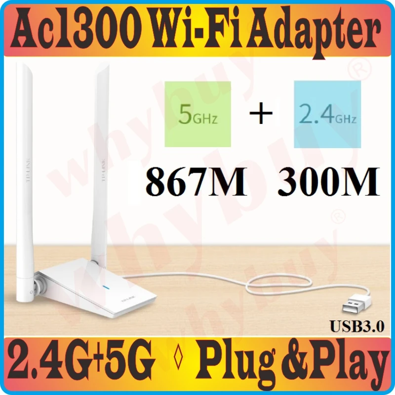 

5dBi Ext/ Antennas, Plug&Play, AC1300 Wireless Network Card 11AC 1267Mbps Dual Band USB3.0 WiFi Adapter, 2.4G 300Mbps 5G 867Mbps