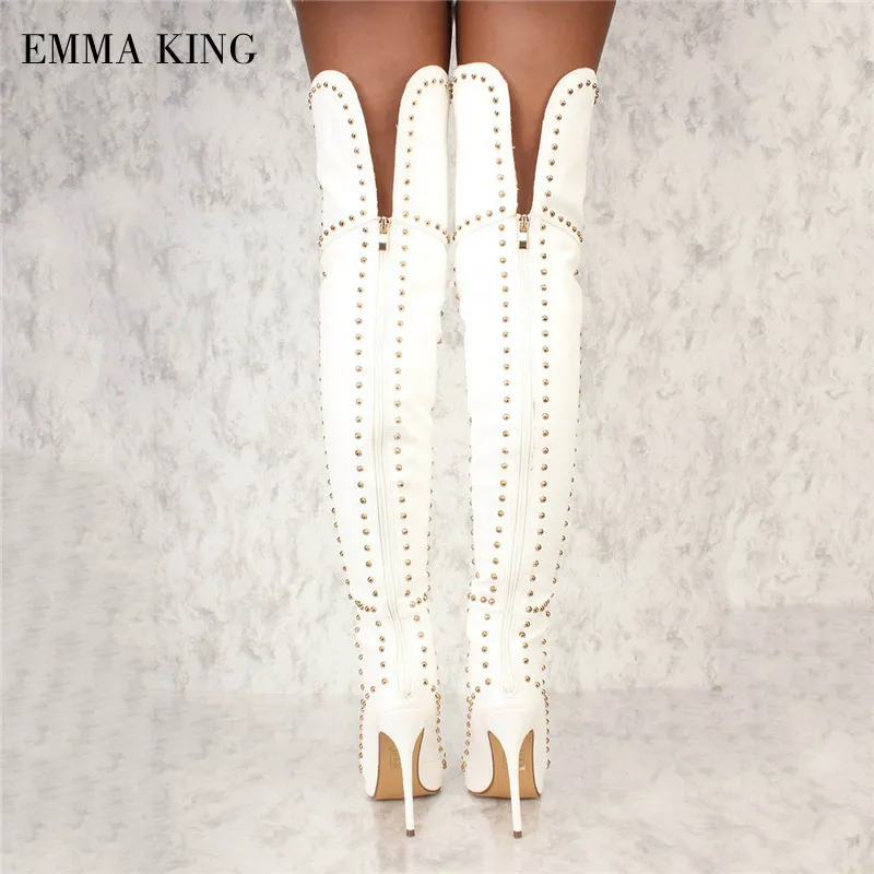 Autumn Winter Women Rivet Embellished Boots White Faux Suede Over the Knee Long Botas Sexy Female Thigh High Shoes Botas Mujer