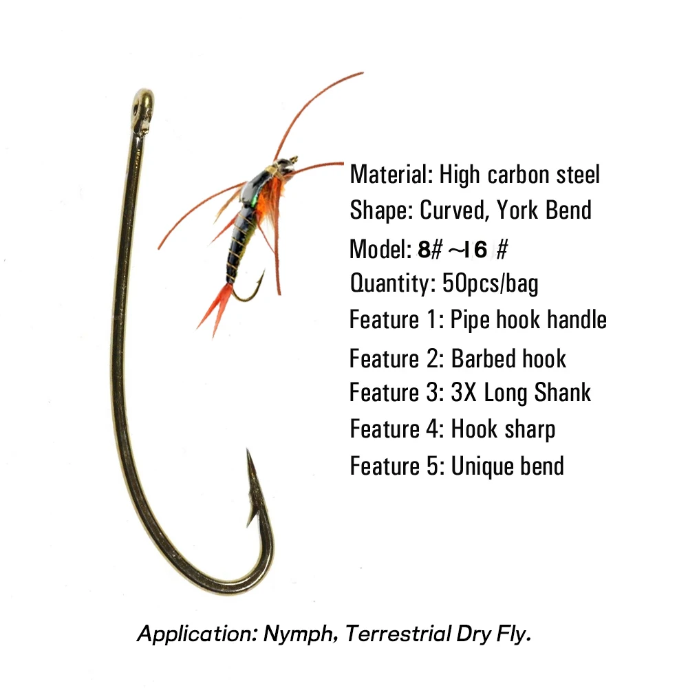 Wifreo 50PCS 3XL Long Shank Curved Nymph Fly Hook Terrestrial Dry Fly Hook for Stimulator Flies Stonefly Nymph Hook