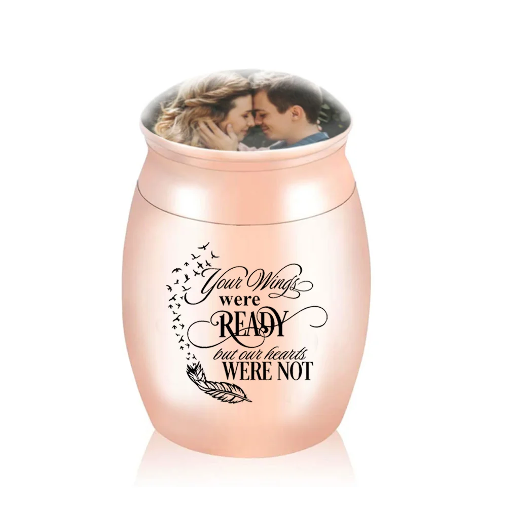 Mini cremation urn  keepsake Stainless steel feather ashes jar can put photos-Your wings are ready but my heart is not