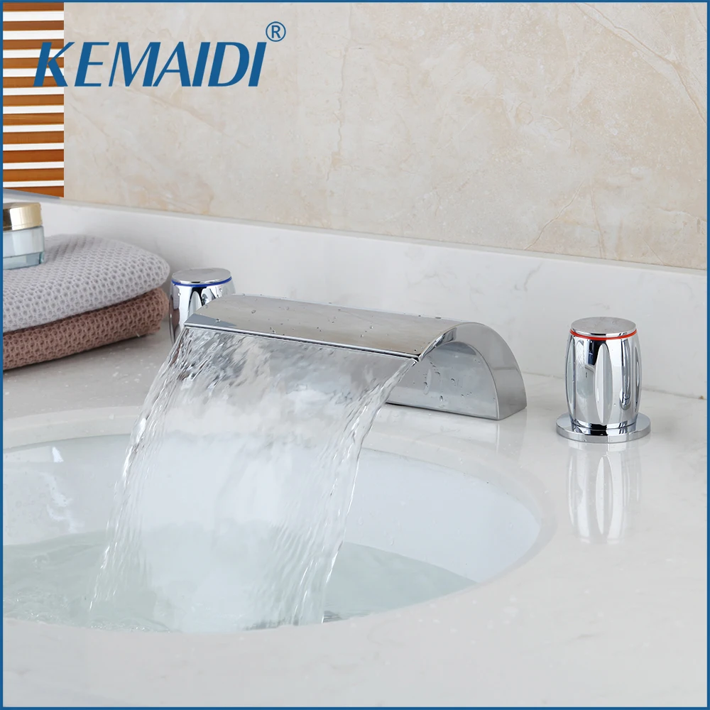 

KEMAIDI Deck Mounted Washbasin Bathroom Tap 3 Pcs Set Flush Cold Hot Water Mixer Taps Waterfall Bathroom Basin Faucet