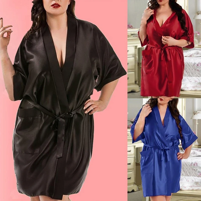 Large Size Sexy Satin Night Robe Bathrobe Silk Cardigan Waist Bandage Multicolor Home Patch Bag Bathrobe Women