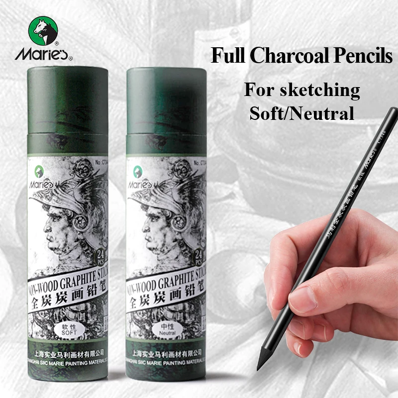 

Marie's Full Charcoal/Carbon Pencils Non-wood Graphite Sticks Sketch Charcoal Pencil 24pcs Soft/Medium Charcoal Pens Stationery