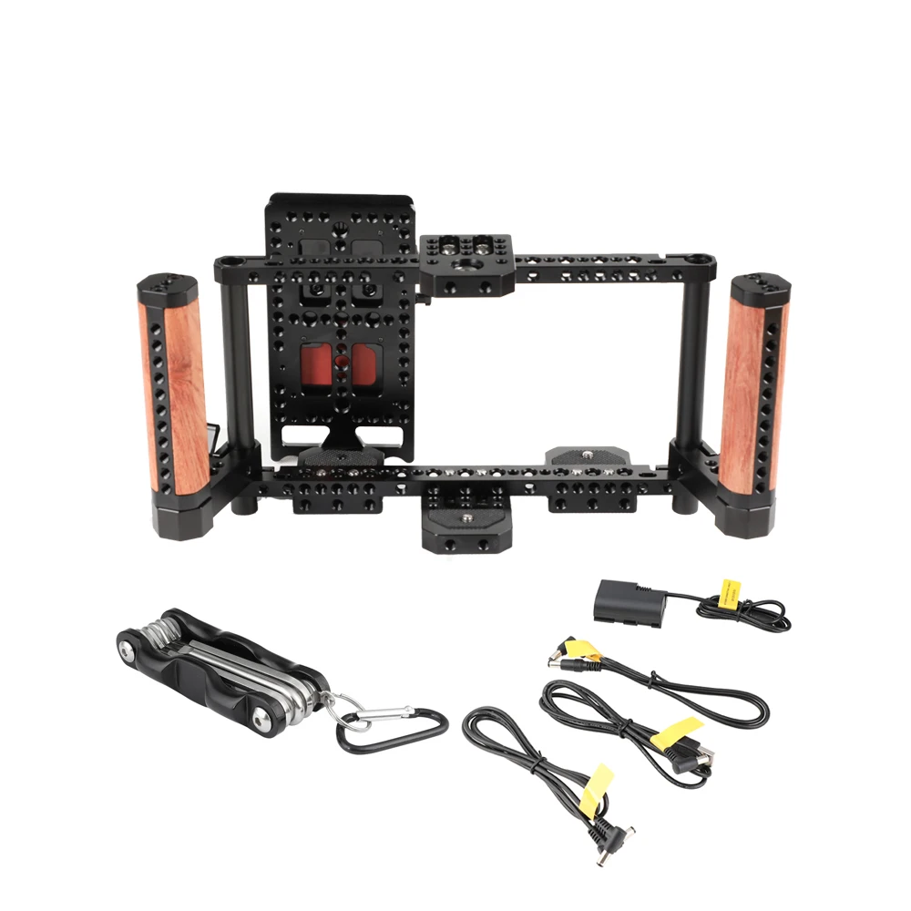 Kayulin Monitor Cage Rig Adjustable Camera 7 inch  With Dual Wooden Handle & Power Supply Splitter for Monitor High Quality