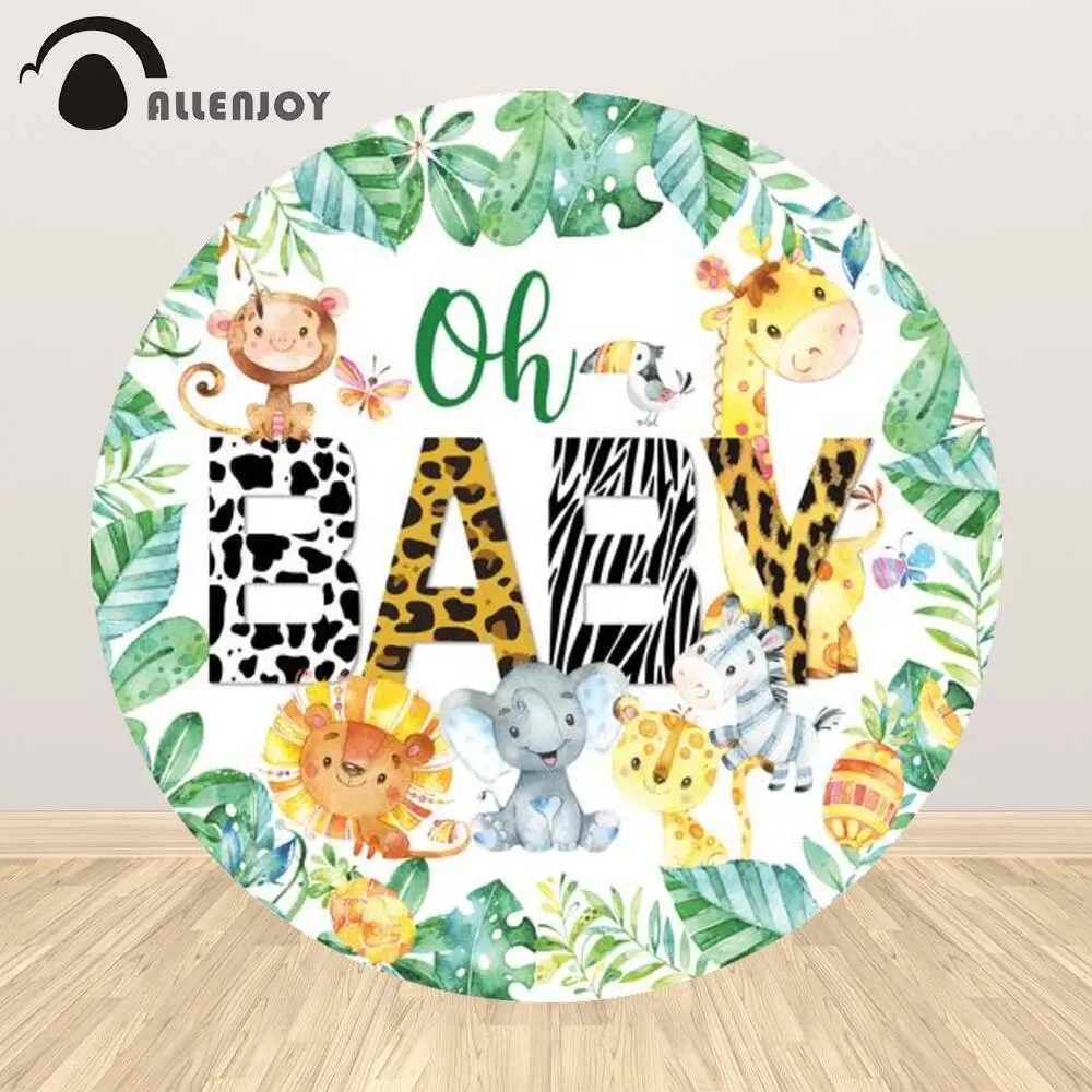 Allenjoy Oh Baby Jungle Animals Wild One Safari Party Round Photography Backdrop Newborn Baby Shower Circle Tablecloth Decor