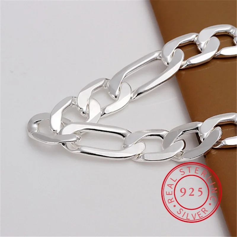 New Fashion 925 Sterling Silver Bracelet 12mm Wide Men's Figaro Chains 21cm for Men's Women Fine Jewelry Pulseiras