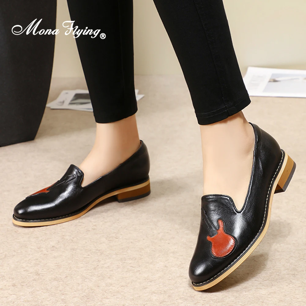 Mona Flying Women Genuine Leather Penny Loafer Comfort Hand-made Causal Slip-on Flat Shoes with Guitar Pattern for Ladies L068-2